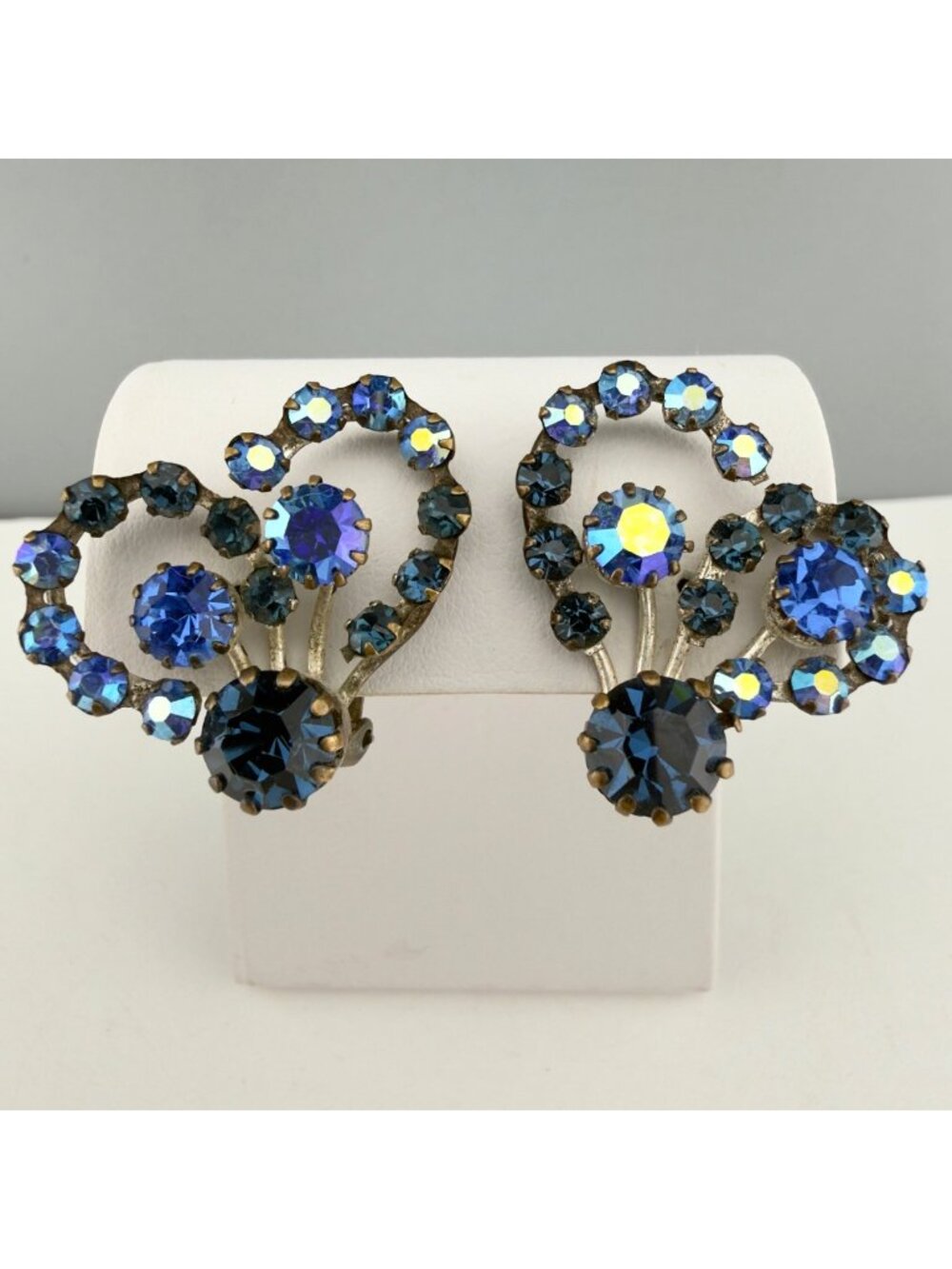 Vintage Crystal Austria Earrings Blue Rhinestone AB Clip On